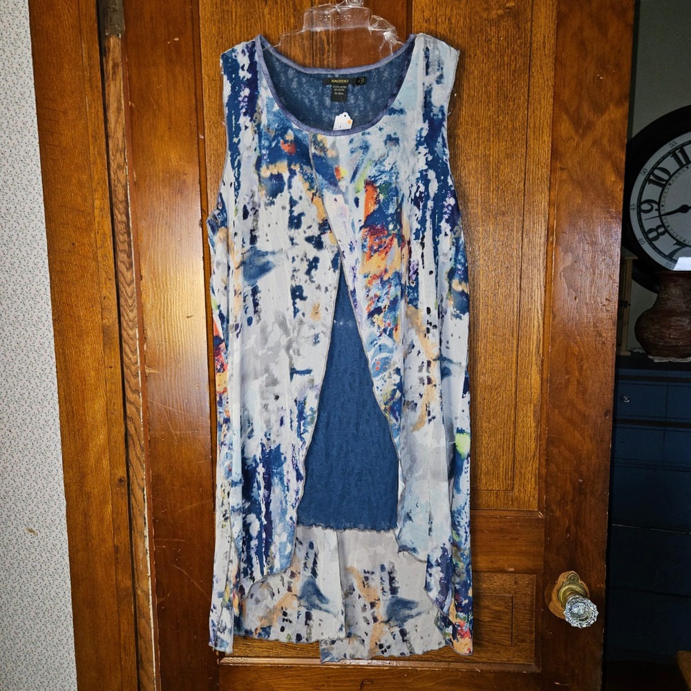 Radzoli Women L Artsy Blue Abstract Watercolor High‎ Low Tunic Lace Layer Top